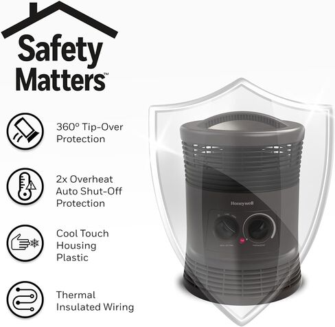 سخان هانيويل HHF360V بمروحة محيطة 360 درجة مع مخرج حرارة محيطي، رمادي فحمي، سخان محمول موفر للطاقة مع منظم حرارة قابل للتعديل وإعدادين للحرارة in Kuwait