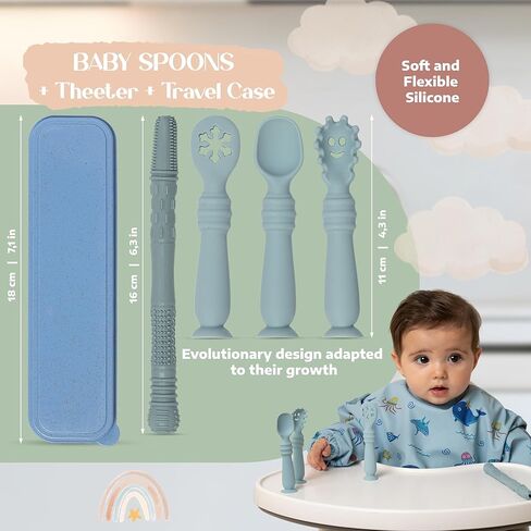 ملعقة سيليكون الطفل مع Teether و Case-الملاعق الرضع في المرحلة الأولى مع قاعدة الشفط-ملاعق التغذية الذاتية للأطفال من 6 إلى 12 شهرًا-أساسيات تغذية الرضع (الأزرق) in Kuwait