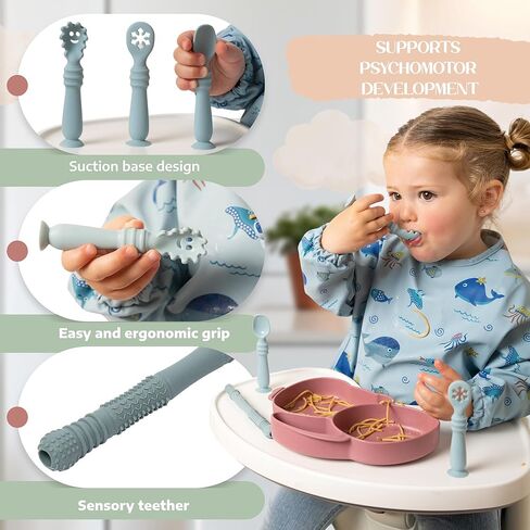 ملعقة سيليكون الطفل مع Teether و Case-الملاعق الرضع في المرحلة الأولى مع قاعدة الشفط-ملاعق التغذية الذاتية للأطفال من 6 إلى 12 شهرًا-أساسيات تغذية الرضع (الأزرق) in Kuwait