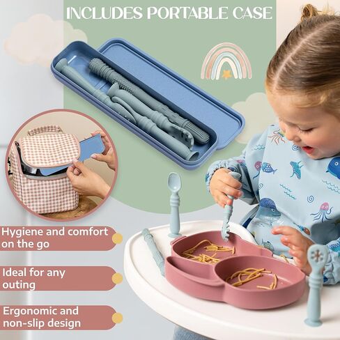 ملعقة سيليكون الطفل مع Teether و Case-الملاعق الرضع في المرحلة الأولى مع قاعدة الشفط-ملاعق التغذية الذاتية للأطفال من 6 إلى 12 شهرًا-أساسيات تغذية الرضع (الأزرق) in Kuwait