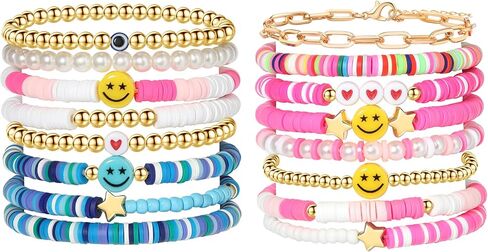 Preppy Bracelets Set Colorful White Gold Smile Heart Star Polymer Beaded Pearl Clay Stackable Charm Y2K Kidcore Aesthetic Summer Beach Bohemian Stretch Layering Bracelets Jewelry for Girls Women Teens in Kuwait