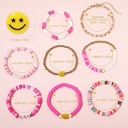 Preppy Bracelets Set Colorful White Gold Smile Heart Star Polymer Beaded Pearl Clay Stackable Charm Y2K Kidcore Aesthetic Summer Beach Bohemian Stretch Layering Bracelets Jewelry for Girls Women Teens in Kuwait