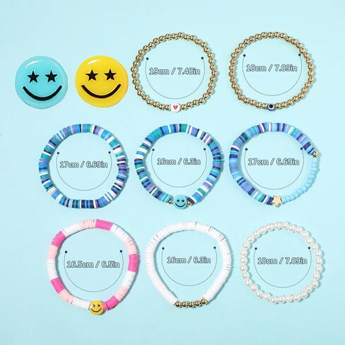 Preppy Bracelets Set Colorful White Gold Smile Heart Star Polymer Beaded Pearl Clay Stackable Charm Y2K Kidcore Aesthetic Summer Beach Bohemian Stretch Layering Bracelets Jewelry for Girls Women Teens in Kuwait