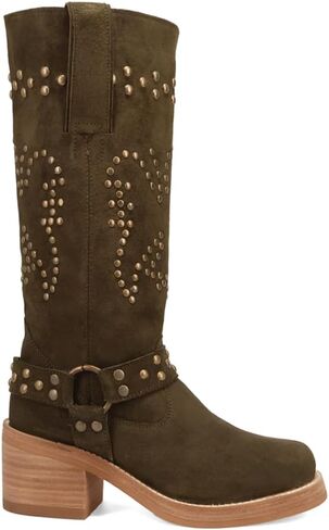Dingo Womens Troubadour Studded Round Toe Pull On Casual Boots Over The Knee Mid Heel 2-3" - Green in Saudi Arabia