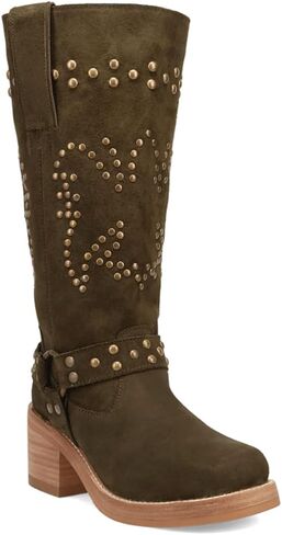 Dingo Womens Troubadour Studded Round Toe Pull On Casual Boots Over The Knee Mid Heel 2-3" - Green in Saudi Arabia