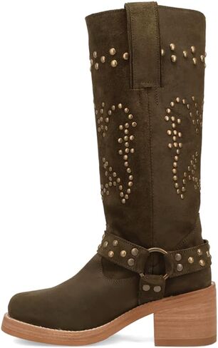 Dingo Womens Troubadour Studded Round Toe Pull On Casual Boots Over The Knee Mid Heel 2-3" - Green in Saudi Arabia