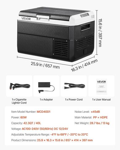 VEVOR 12 Volt Car Refrigerator, 26.4QT/25L Car Fridge, Portable Electric Freezer with -4℉ to 68℉ Adjustable Temp, 12/24V DC and 100-240V AC Compressor Cooler for Outdoor, Camping, RV in Saudi Arabia