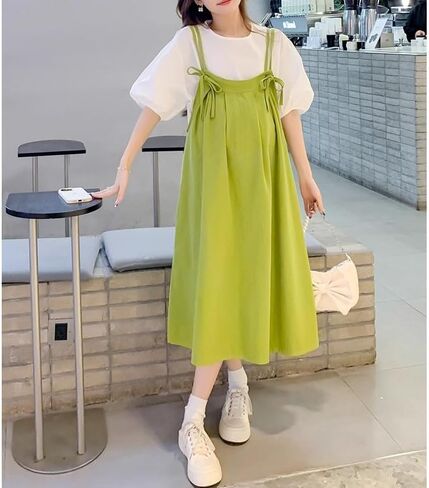Womens Maternity suits Pregnant Summer Thin Edition Fashion And Leisure Green Shoulder Strap Skirt And Top Two-piece Set (US, Alpha, X-Large, Regular, Regular, Green) in Kuwait