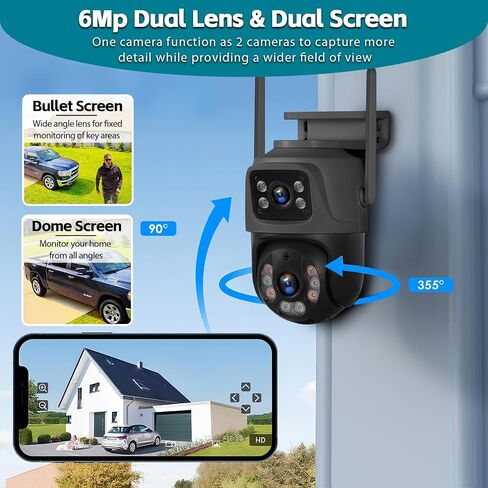 6MP Outdoor Security Camera, 360°PTZ Surveillance System, Dual Lens Linkage 2.4Ghz 24/7 Record IP67 WiFi Camera for Home Security with Humanoid Detection, Two-Way, Color Night Vision(1pack) in Saudi Arabia