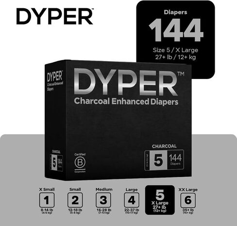 DYPER - Charcoal Enhanced Day & Overnight Disposable Baby Diapers - Made with Plant-Based* & Honest Ingredients, Hypoallergenic for Sensitive Skin - Size 5, (144 Count) in Kuwait
