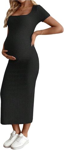 MakeMeChic Women's Maternity Dress Square Neck Short Sleeve Bodycon Split Maxi Dresses in Saudi Arabia