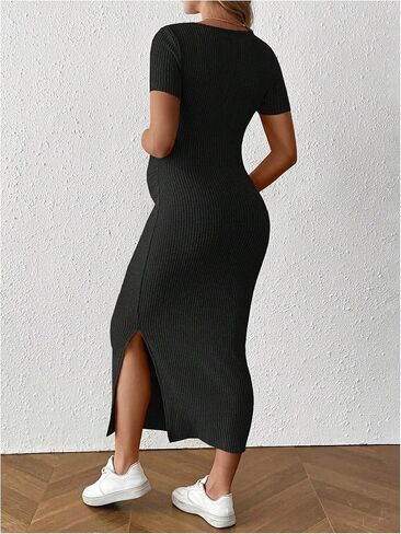 MakeMeChic Women's Maternity Dress Square Neck Short Sleeve Bodycon Split Maxi Dresses in Saudi Arabia