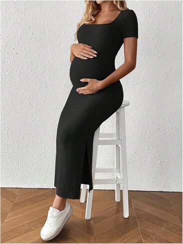 MakeMeChic Women's Maternity Dress Square Neck Short Sleeve Bodycon Split Maxi Dresses in Saudi Arabia