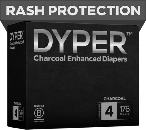 DYPER - Charcoal Enhanced Day & Overnight Disposable Baby Diapers - Made with Plant-Based* & Honest Ingredients, Hypoallergenic for Sensitive Skin - Size 5, (144 Count) in Kuwait