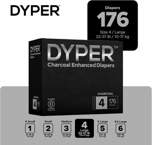 DYPER - Charcoal Enhanced Day & Overnight Disposable Baby Diapers - Made with Plant-Based* & Honest Ingredients, Hypoallergenic for Sensitive Skin - Size 5, (144 Count) in Kuwait