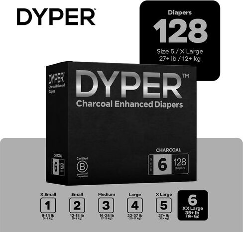 DYPER - Charcoal Enhanced Day & Overnight Disposable Baby Diapers - Made with Plant-Based* & Honest Ingredients, Hypoallergenic for Sensitive Skin - Size 5, (144 Count) in Kuwait