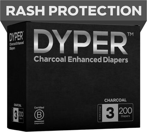 DYPER - Charcoal Enhanced Day & Overnight Disposable Baby Diapers - Made with Plant-Based* & Honest Ingredients, Hypoallergenic for Sensitive Skin - Size 5, (144 Count) in Kuwait