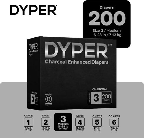 DYPER - Charcoal Enhanced Day & Overnight Disposable Baby Diapers - Made with Plant-Based* & Honest Ingredients, Hypoallergenic for Sensitive Skin - Size 5, (144 Count) in Kuwait