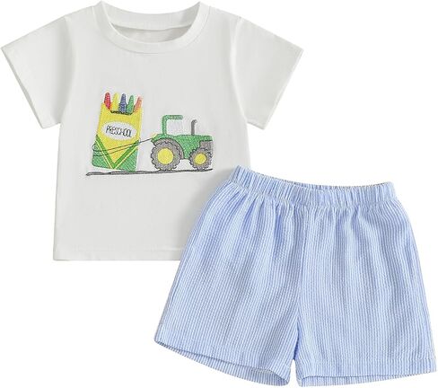 Toddler Baby Boy Girl Back To School Outfits First Day of Preschool T-Shirt Top Gingham Shorts Sets Kindergarten Outfit in Saudi Arabia