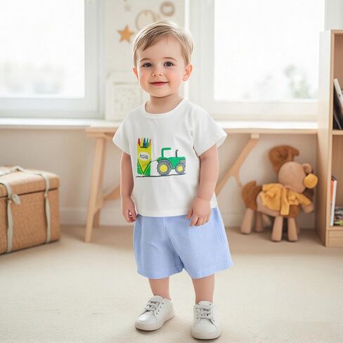 Toddler Baby Boy Girl Back To School Outfits First Day of Preschool T-Shirt Top Gingham Shorts Sets Kindergarten Outfit in Saudi Arabia