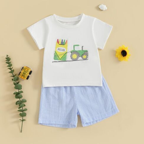 Toddler Baby Boy Girl Back To School Outfits First Day of Preschool T-Shirt Top Gingham Shorts Sets Kindergarten Outfit in Saudi Arabia