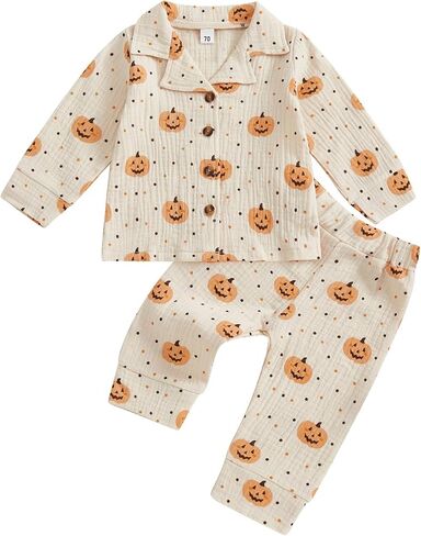 fyclemt Toddler Baby Girl Boy Halloween Pajamas Pumpkin Cotton Linen Long Sleeve Button Down Shirts Pants Kids Sleepwear Pjs in Kuwait