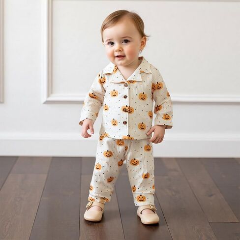 fyclemt Toddler Baby Girl Boy Halloween Pajamas Pumpkin Cotton Linen Long Sleeve Button Down Shirts Pants Kids Sleepwear Pjs in Kuwait