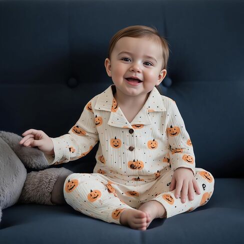 fyclemt Toddler Baby Girl Boy Halloween Pajamas Pumpkin Cotton Linen Long Sleeve Button Down Shirts Pants Kids Sleepwear Pjs in Kuwait