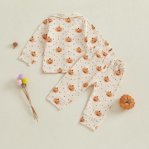 fyclemt Toddler Baby Girl Boy Halloween Pajamas Pumpkin Cotton Linen Long Sleeve Button Down Shirts Pants Kids Sleepwear Pjs in Kuwait