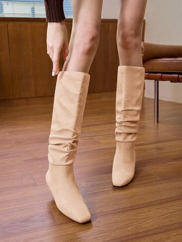 Coutgo Womens Rlucky Knee High Boots Low Hister Heel Square Toe Tall Boots Fall Winter Shoes in Saudi Arabia