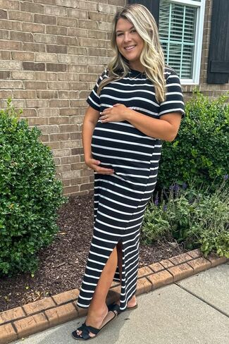 PinkBlush Striped Side Slit Maternity Maxi Dress in Saudi Arabia