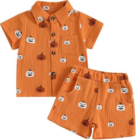 Toddler Baby Boy Halloween Outfit Pumpkin Print Button Down Short Sleeve Muslin Shirt Top and Shorts Set Fall Clothes in Kuwait