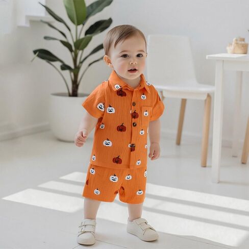 Toddler Baby Boy Halloween Outfit Pumpkin Print Button Down Short Sleeve Muslin Shirt Top and Shorts Set Fall Clothes in Kuwait