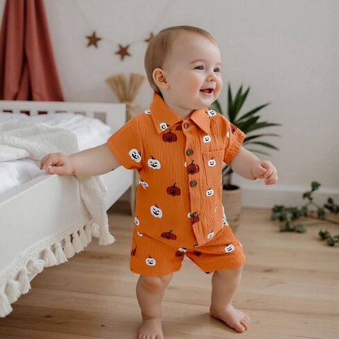 Toddler Baby Boy Halloween Outfit Pumpkin Print Button Down Short Sleeve Muslin Shirt Top and Shorts Set Fall Clothes in Kuwait