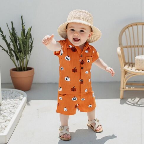 Toddler Baby Boy Halloween Outfit Pumpkin Print Button Down Short Sleeve Muslin Shirt Top and Shorts Set Fall Clothes in Kuwait
