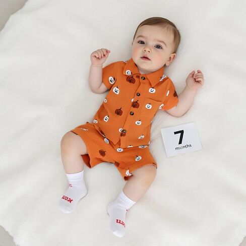 Toddler Baby Boy Halloween Outfit Pumpkin Print Button Down Short Sleeve Muslin Shirt Top and Shorts Set Fall Clothes in Kuwait