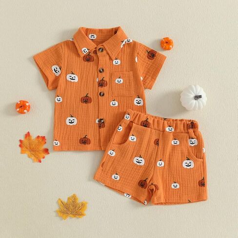 Toddler Baby Boy Halloween Outfit Pumpkin Print Button Down Short Sleeve Muslin Shirt Top and Shorts Set Fall Clothes in Kuwait