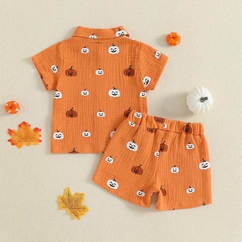 Toddler Baby Boy Halloween Outfit Pumpkin Print Button Down Short Sleeve Muslin Shirt Top and Shorts Set Fall Clothes in Kuwait