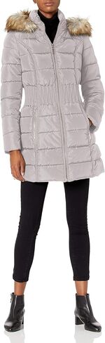 LAUNDRY BY SHELLI SEGAL Women's Cinched Waist Puffer Coat with Faux Fur Hood, Black, Large in Kuwait