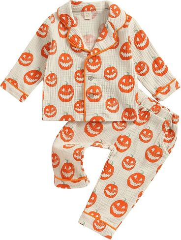 fyclemt Toddler Baby Girl Boy Halloween Pajamas Pumpkin Cotton Linen Long Sleeve Button Down Shirts Pants Kids Sleepwear Pjs in Kuwait