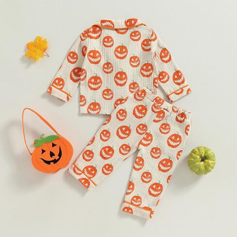 fyclemt Toddler Baby Girl Boy Halloween Pajamas Pumpkin Cotton Linen Long Sleeve Button Down Shirts Pants Kids Sleepwear Pjs in Kuwait