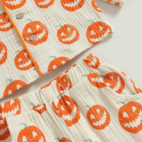 fyclemt Toddler Baby Girl Boy Halloween Pajamas Pumpkin Cotton Linen Long Sleeve Button Down Shirts Pants Kids Sleepwear Pjs in Kuwait