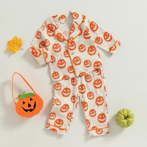 fyclemt Toddler Baby Girl Boy Halloween Pajamas Pumpkin Cotton Linen Long Sleeve Button Down Shirts Pants Kids Sleepwear Pjs in Kuwait