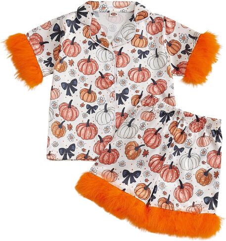 fyclemt Toddler Baby Girl Boy Halloween Pajamas Pumpkin Cotton Linen Long Sleeve Button Down Shirts Pants Kids Sleepwear Pjs in Kuwait