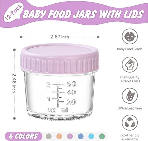 Drkio 12 Pack Glass Baby Food Storage Contorer - 4 & 8 Oz Baby Food Swars with Lids Baby Food Maker Microwave Freezer Safe 100 ٪ in Kuwait