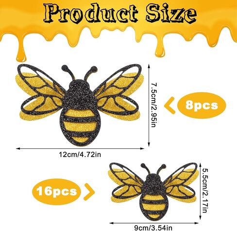 24 Pcs 3D Bee Stickers 2 Sizes Honey Bee Party Wall Decor Glitter Double-Layer Bumble Bees Stickers Yellow Honey Bees Spring Summer Window Cling Decor for Crafts Home Windows Parties Decorations in Saudi Arabia