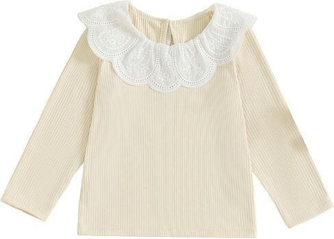 Toddler Kids Girls Long Sleeve T-Shirt Peter Pan Collar Lace Patchwork Ribbed Tops Fall Clothes for Casual Daily in Saudi Arabia