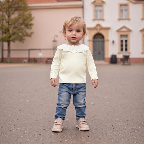 Toddler Kids Girls Long Sleeve T-Shirt Peter Pan Collar Lace Patchwork Ribbed Tops Fall Clothes for Casual Daily in Saudi Arabia