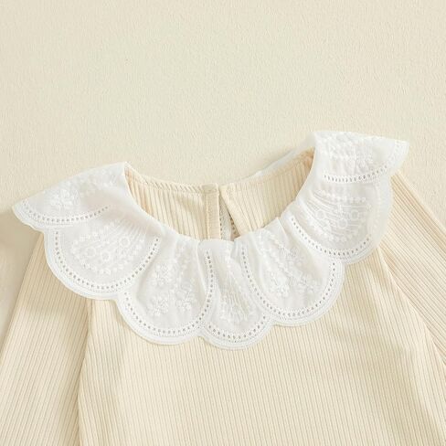 Toddler Kids Girls Long Sleeve T-Shirt Peter Pan Collar Lace Patchwork Ribbed Tops Fall Clothes for Casual Daily in Saudi Arabia