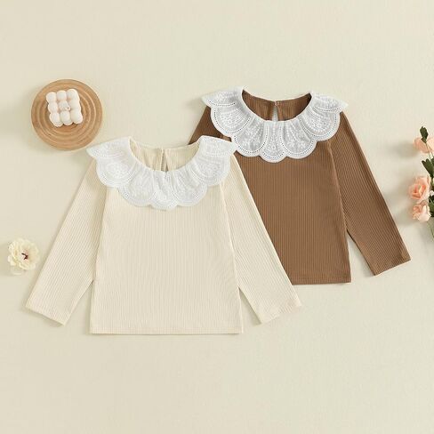Toddler Kids Girls Long Sleeve T-Shirt Peter Pan Collar Lace Patchwork Ribbed Tops Fall Clothes for Casual Daily in Saudi Arabia